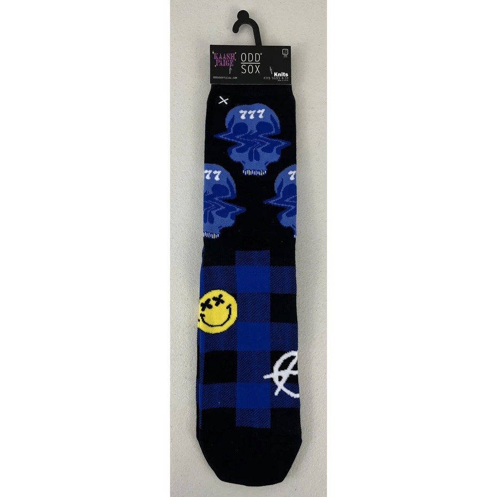 Odd Sox Kaash Paige Trippy Skulls 777 Plaid Blue Crew Socks Mens 8-12 33566KP